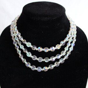 1960s Aurora Borealis Triple Strand Iridescent Crystal Necklace Vintage
